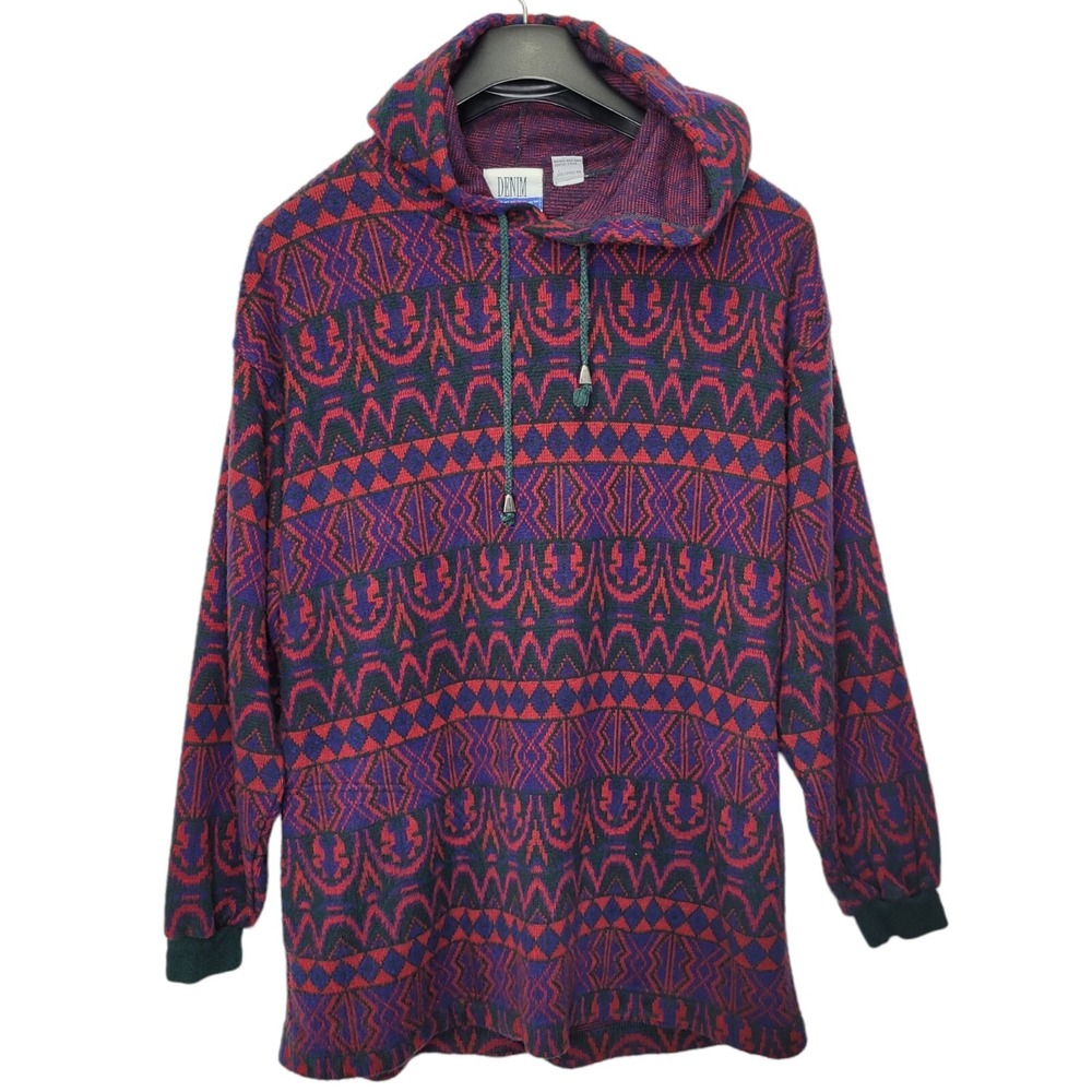 Vtg 90s Denim Express Adult Sz L Hoodie Sweatshirt Aztec Acrylic Made In Korea